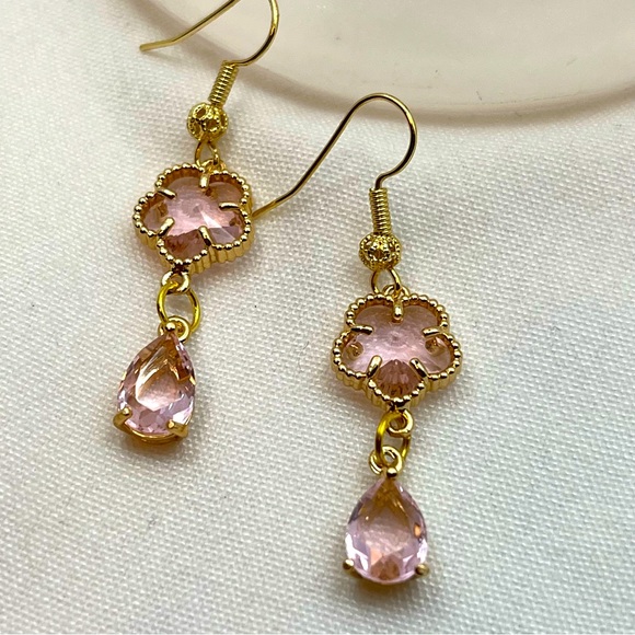 Pink Gold Glass Bead Charm Dangle Earrings featuring 18k gold plated hooks - Picture 1 of 1